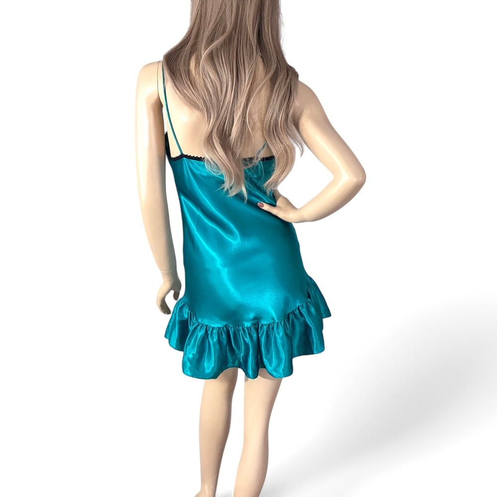 Vintage 80s Teal Satin Slip Dress Ruffle Hem Coquette Mini Nightgown Small - Picture 6 of 8